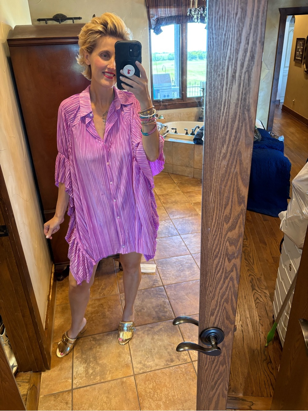 Fantastic Fawn Pink Pleated Mini Shirt Dress, NWT
